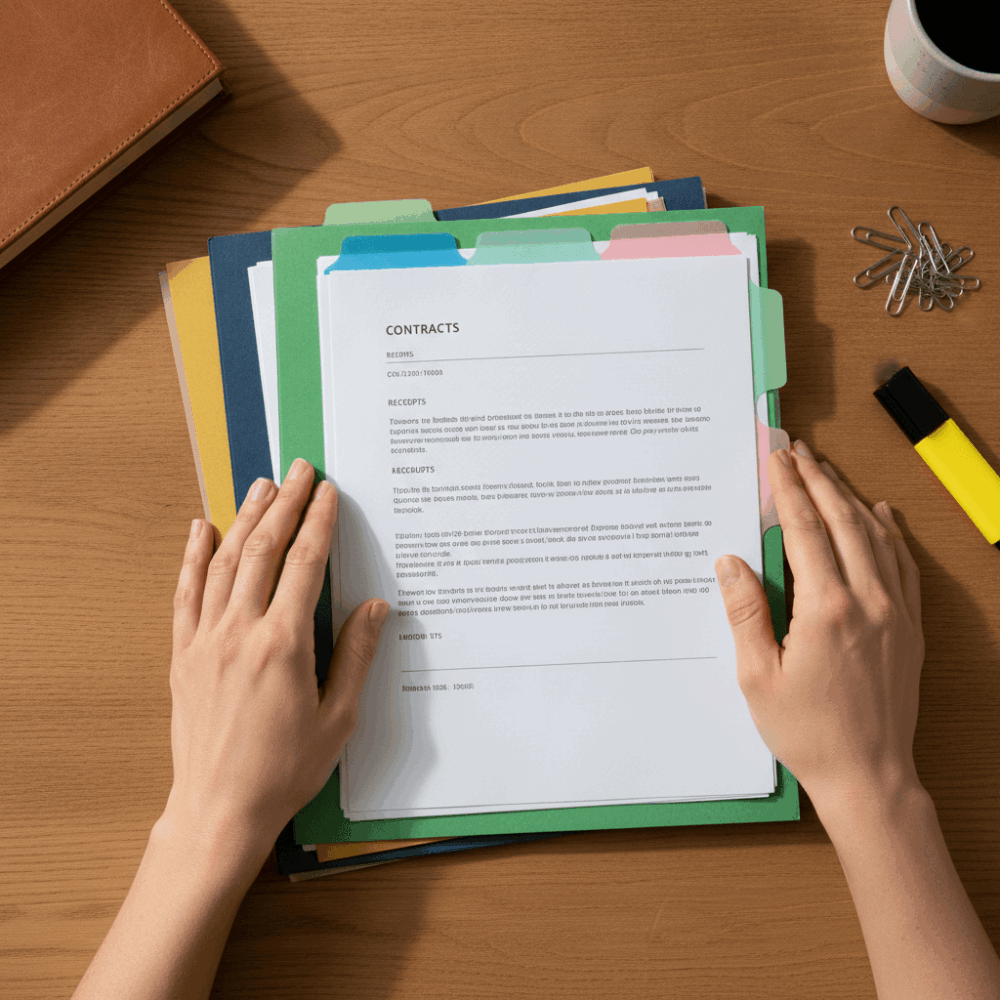 Mains classant des documents juridiques par intercalaires colorés pour préparer un dossier avant rendez-vous d'avocat