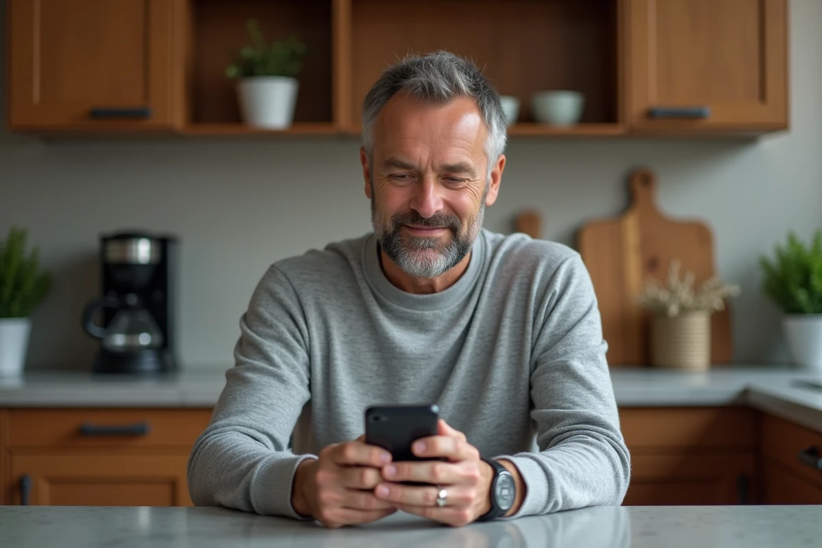 Homme utilisant une application bancaire Cyberplus sur smartphone dans une cuisine moderne pour accéder rapidement à son compte