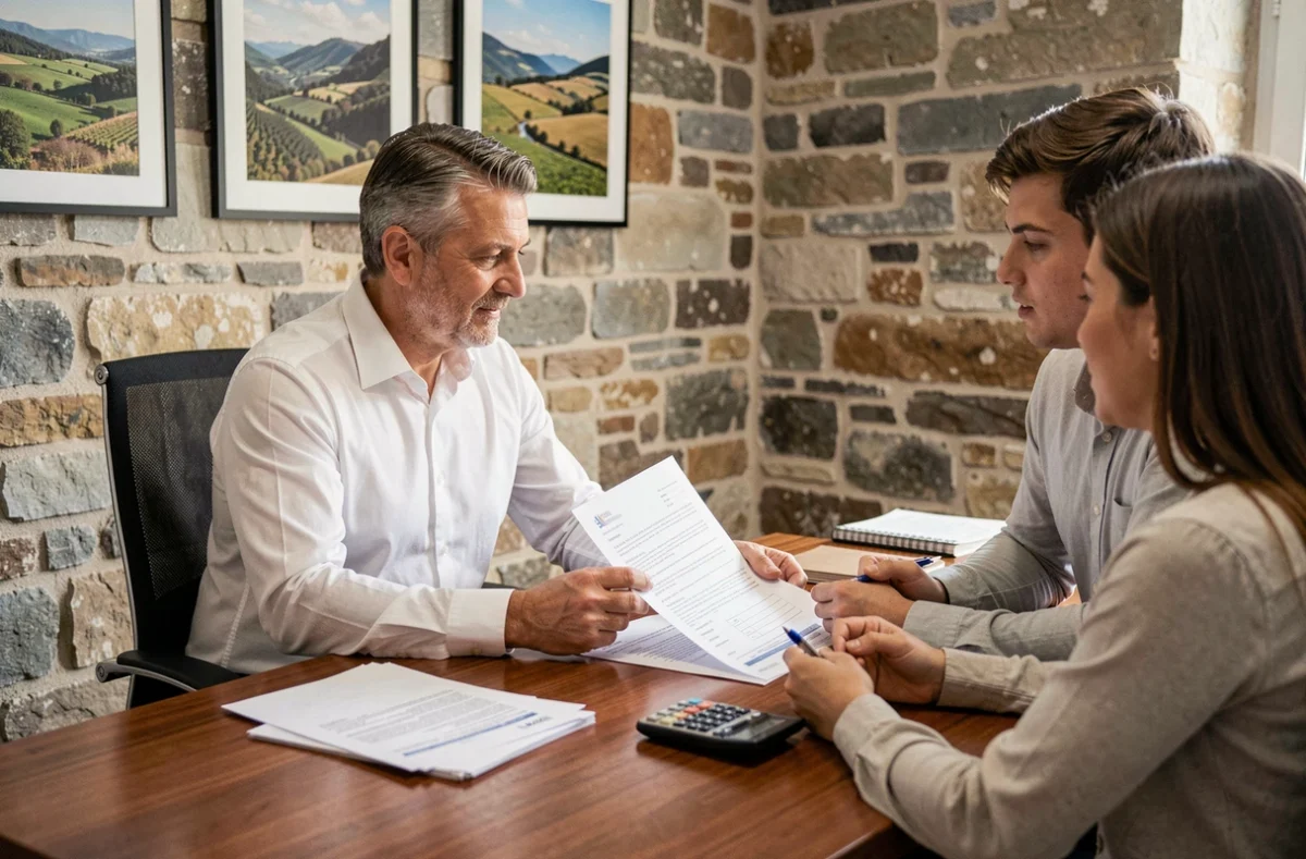 Un courtier ACE Crédit en Aveyron discute d'un dossier de prêt immobilier avec un jeune couple dans son bureau
