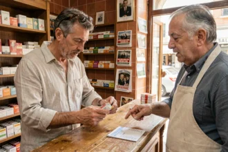 Touriste français achetant des cigarettes dans un tabac italien lors d'un road trip en Italie en 2026