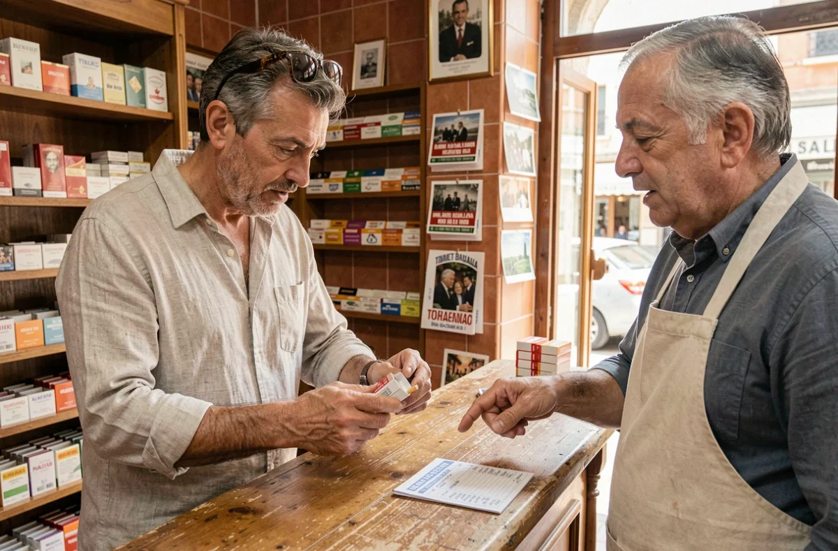 Touriste français achetant des cigarettes dans un tabac italien lors d'un road trip en Italie en 2026