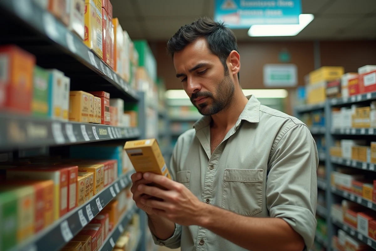 Homme examinant le prix d'un paquet de tabac à rouler 30g dans un magasin frontalier espagnol