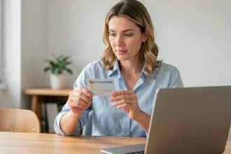 Femme activant sa carte bancaire La Banque Postale depuis son espace client sur un ordinateur portable à domicile