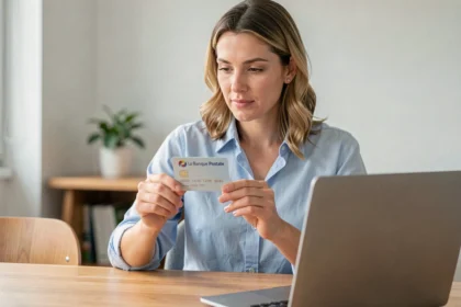 Femme activant sa carte bancaire La Banque Postale depuis son espace client sur un ordinateur portable à domicile