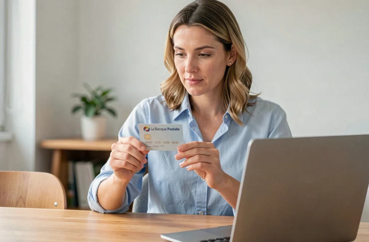 Femme activant sa carte bancaire La Banque Postale depuis son espace client sur un ordinateur portable à domicile