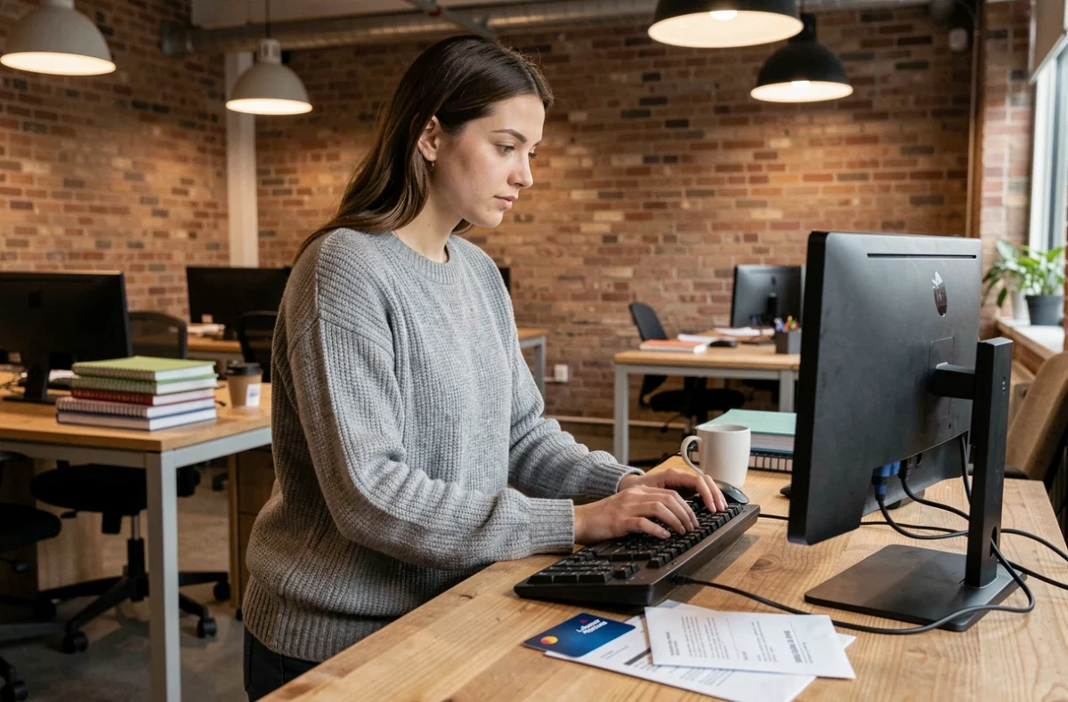 Jeune femme activant sa carte CB La Banque Postale depuis un espace de coworking sur un ordinateur de bureau