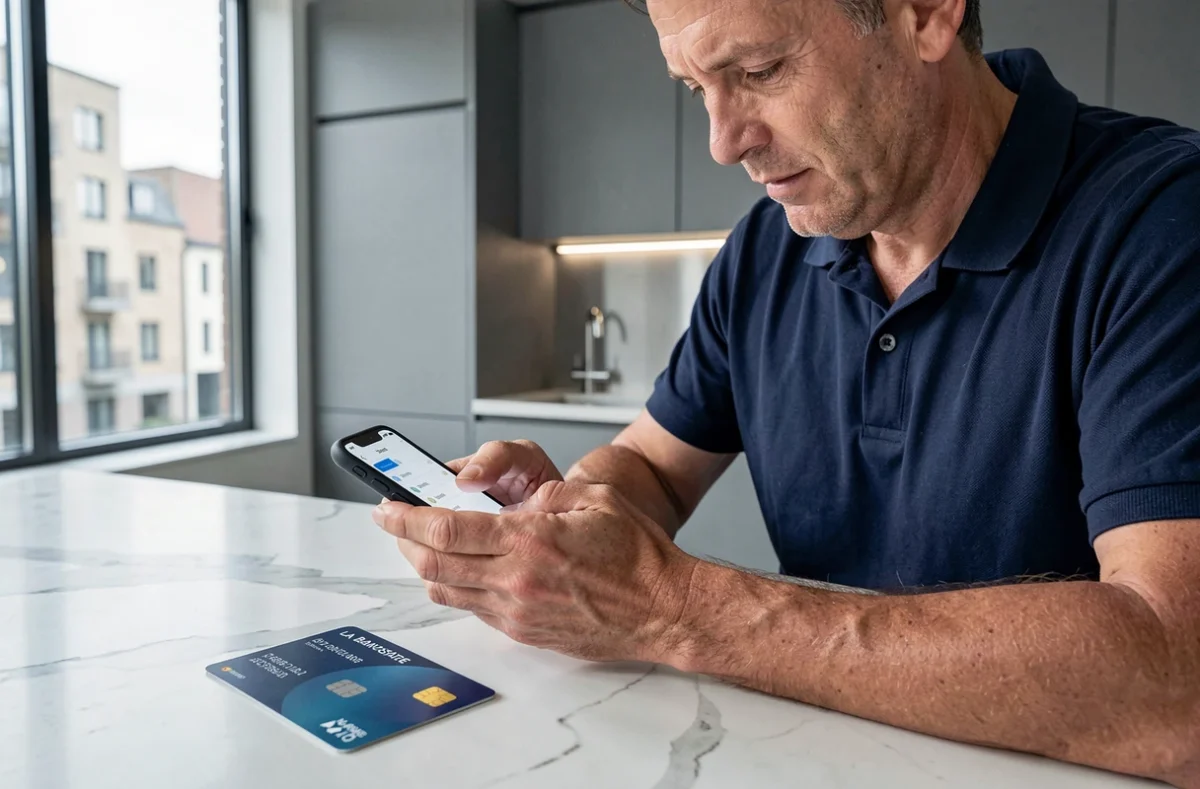Homme utilisant l'application mobile de La Banque Postale pour activer sa carte CB sur son smartphone