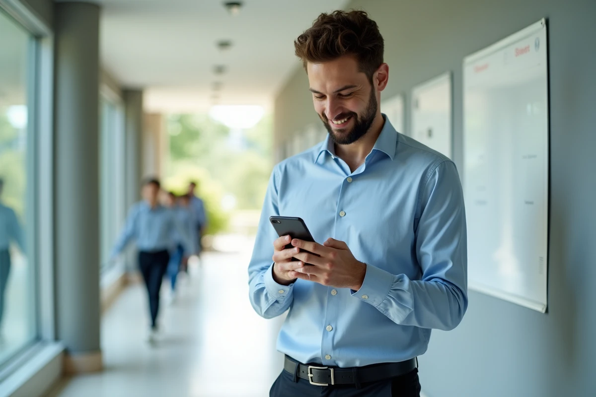 Jeune administrateur scolaire vérifie son bulletin de salaire dans un couloir moderne