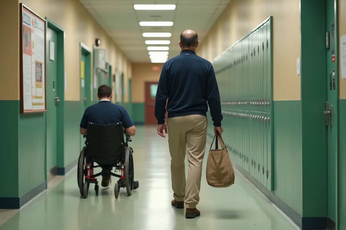 AESH accompagnant un élève en situation de handicap dans un couloir d'école publique illustrant le métier et la rémunération en 2026