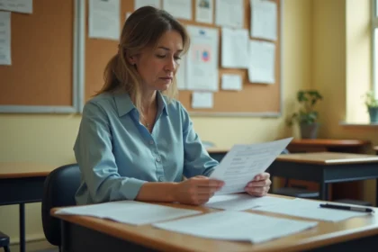 AESH femme consultant ses fiches de paie à son bureau dans une école primaire pour vérifier son salaire selon son ancienneté