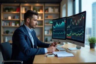 Homme en costume analysant des graphiques financiers sur un écran d'ordinateur dans un bureau moderne pour optimiser ses investissements
