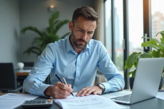 Cadre professionnel analysant ses fiches de paie et heures supplémentaires au bureau avec calculatrice et ordinateur portable