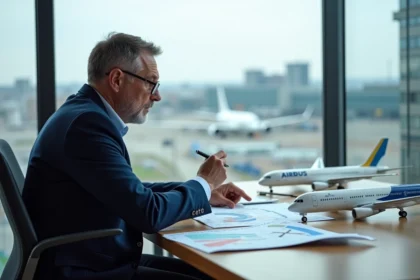 Analyste aerospace en bureau avec graphiques et avions Airbus