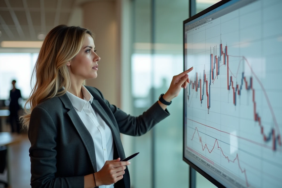 Analyste financière pointant un graphique de double bottom raté affiché sur un écran de bureau dans un open space professionnel