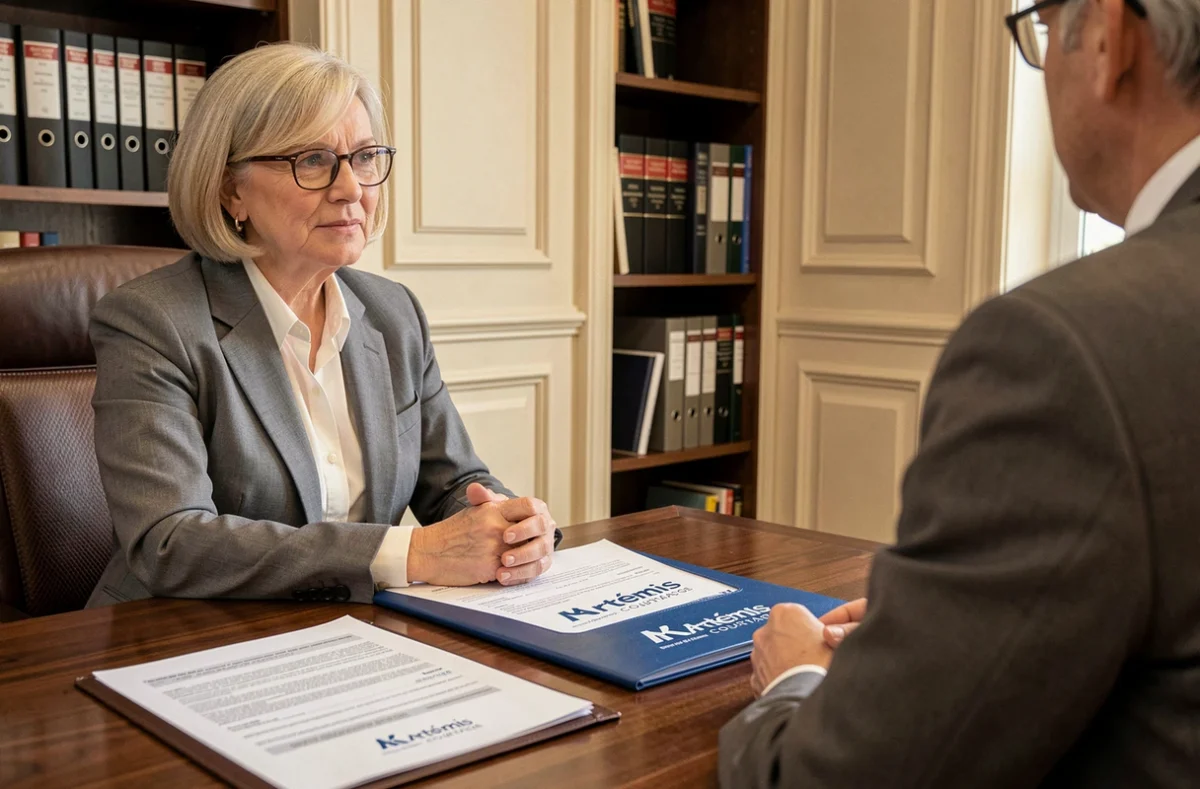 Une courtière senior d'Artémis Courtage présente un contrat de prêt immobilier à un client dans un cadre de réunion professionnel