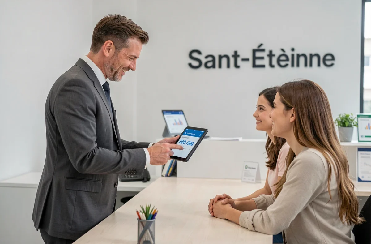 Courtier d'Assufrance présentant un devis d'assurance à des clients à Saint-Étienne