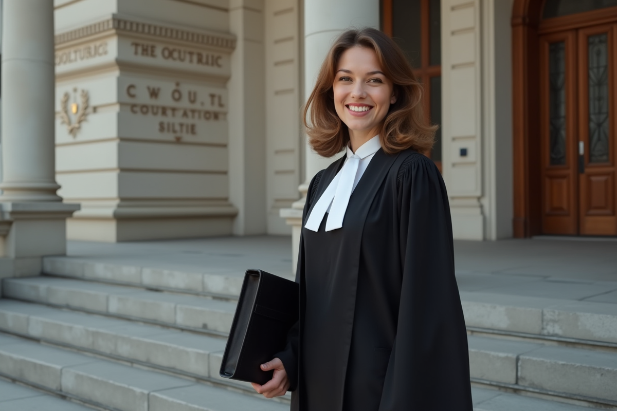 Jeune avocate souriante devant le palais de justice moderne