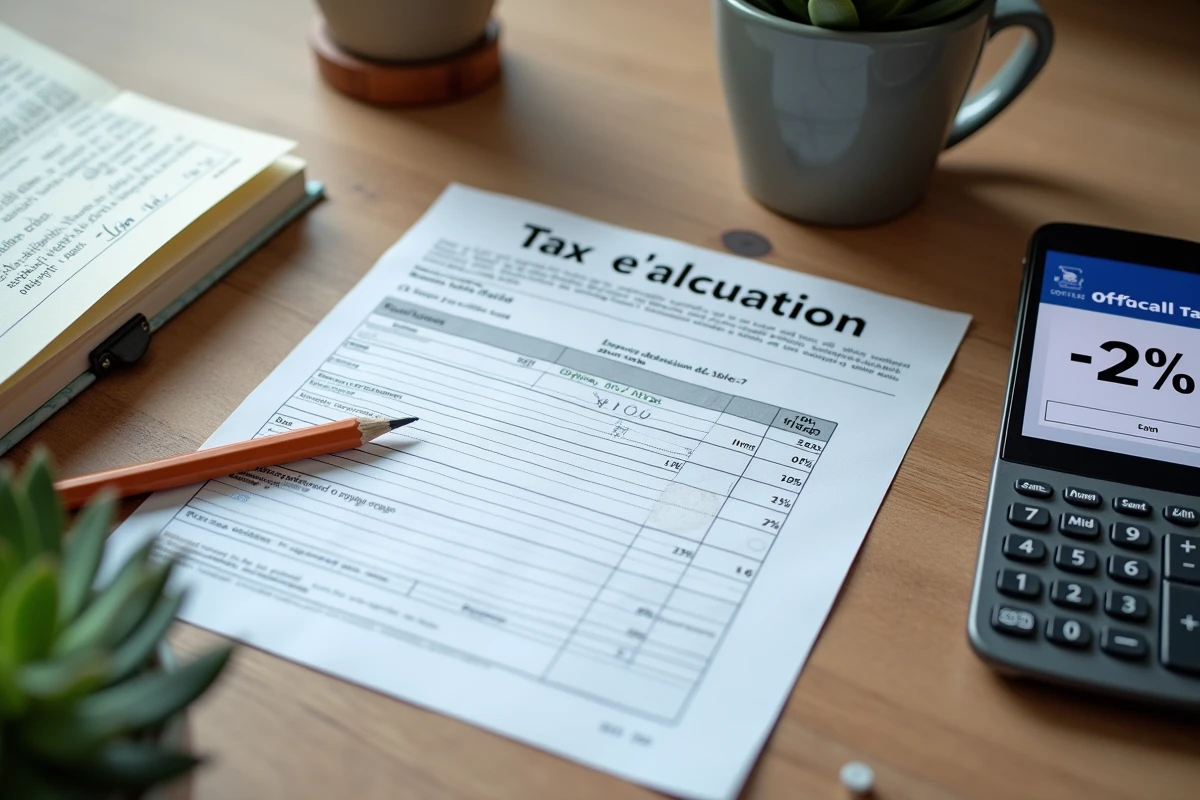 Vue aérienne d'un bureau avec formulaire fiscal, calculatrice et smartphone affichant le calcul du taux d'imposition et prélèvement à la source