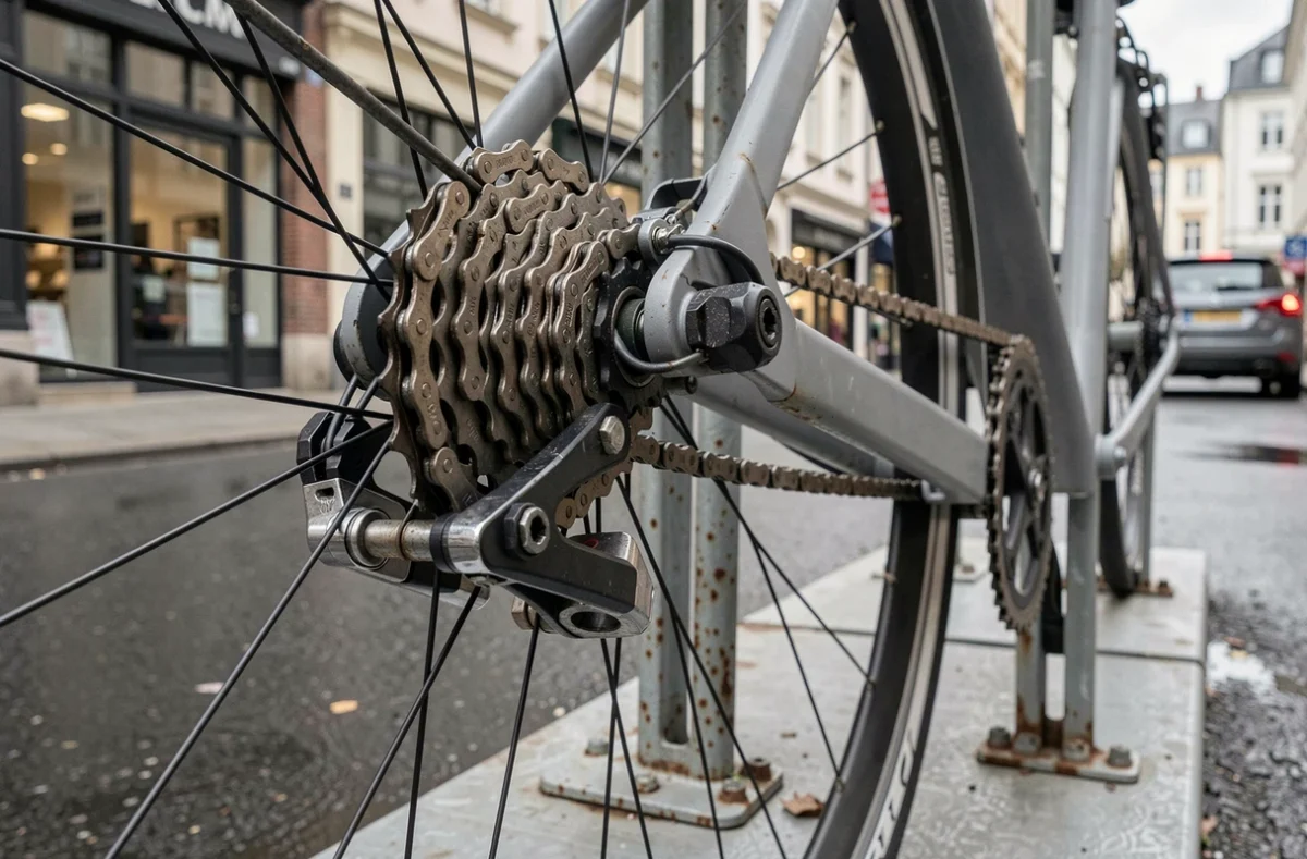 Gros plan d'un cadenas chaîne sécurisant un vélo électrique à un arceau métallique en ville