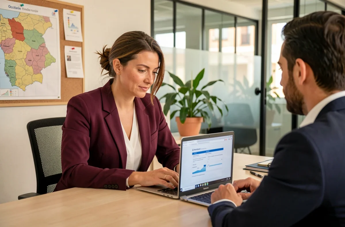 Une conseillère CAFPI Occitanie présente une simulation de prêt immobilier à un client dans une agence moderne