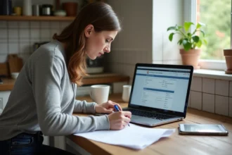 Femme calculant ses droits à la prime d'activité sur un ordinateur portable avec des formulaires administratifs sur une table en bois