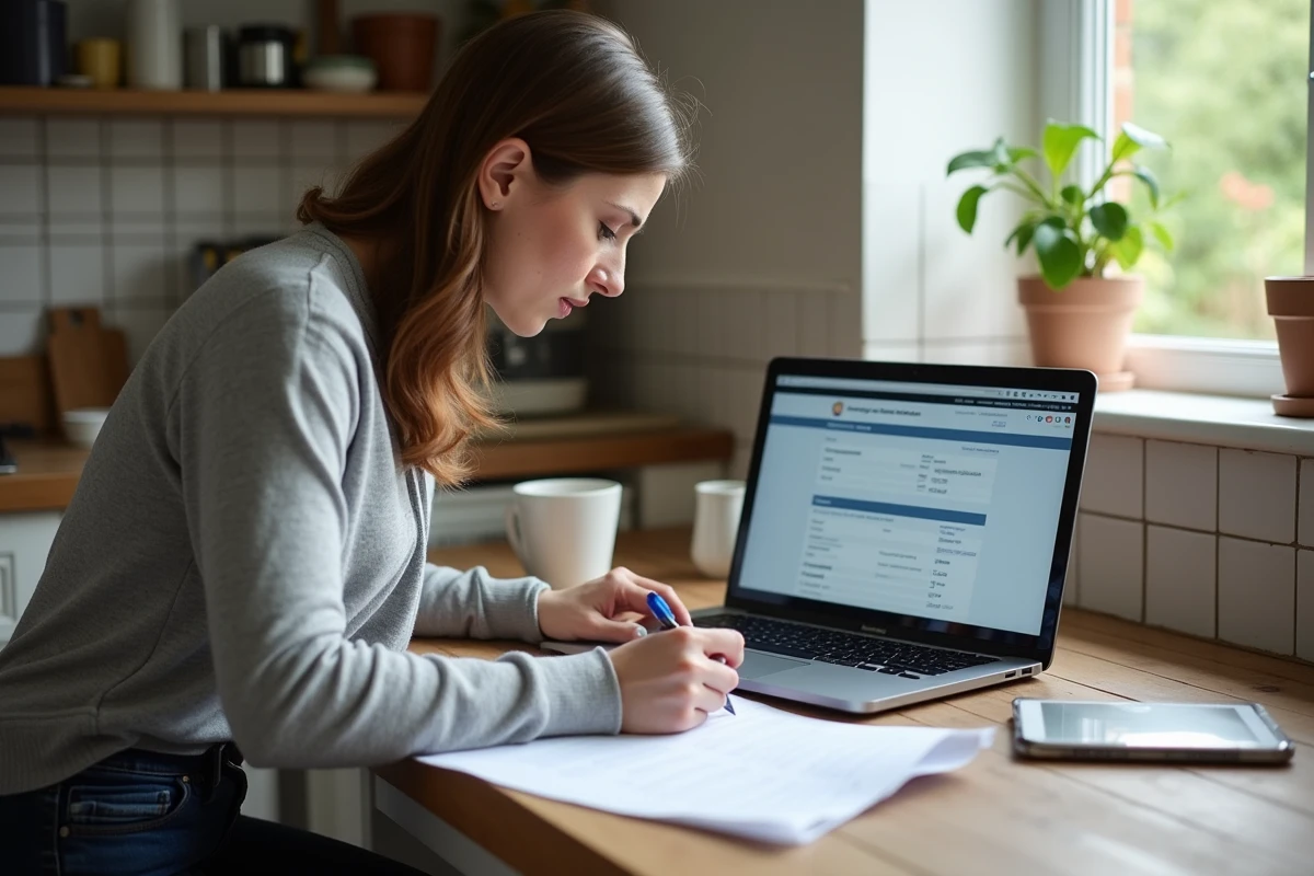 Femme calculant ses droits à la prime d'activité sur un ordinateur portable avec des formulaires administratifs sur une table en bois