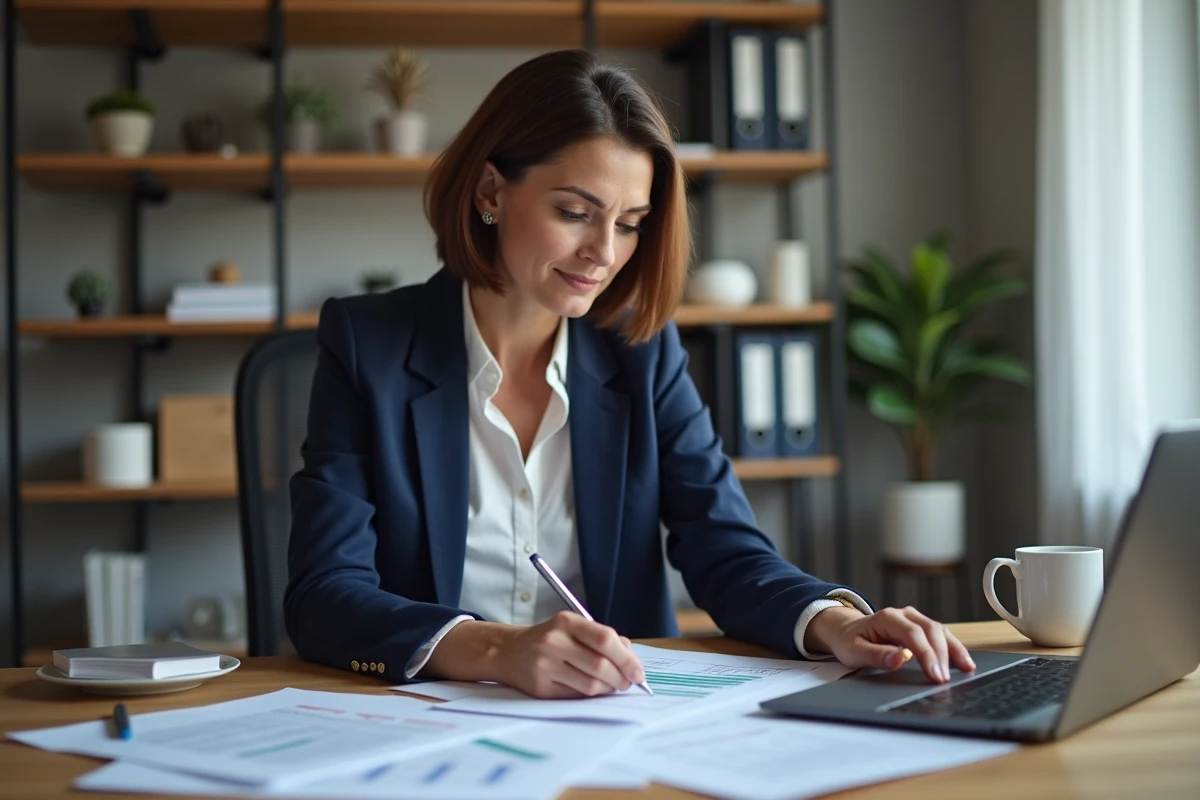Femme en train de consulter ses documents fiscaux et calculer son taux de prélèvement à la source à son bureau à domicile