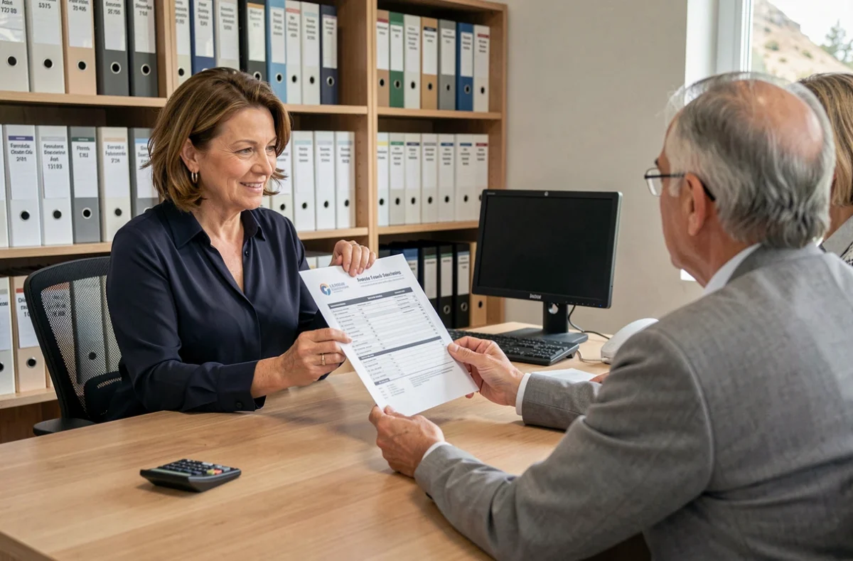 Une conseillère de La Centrale de Financement en Aveyron présente un plan de financement immobilier à un couple