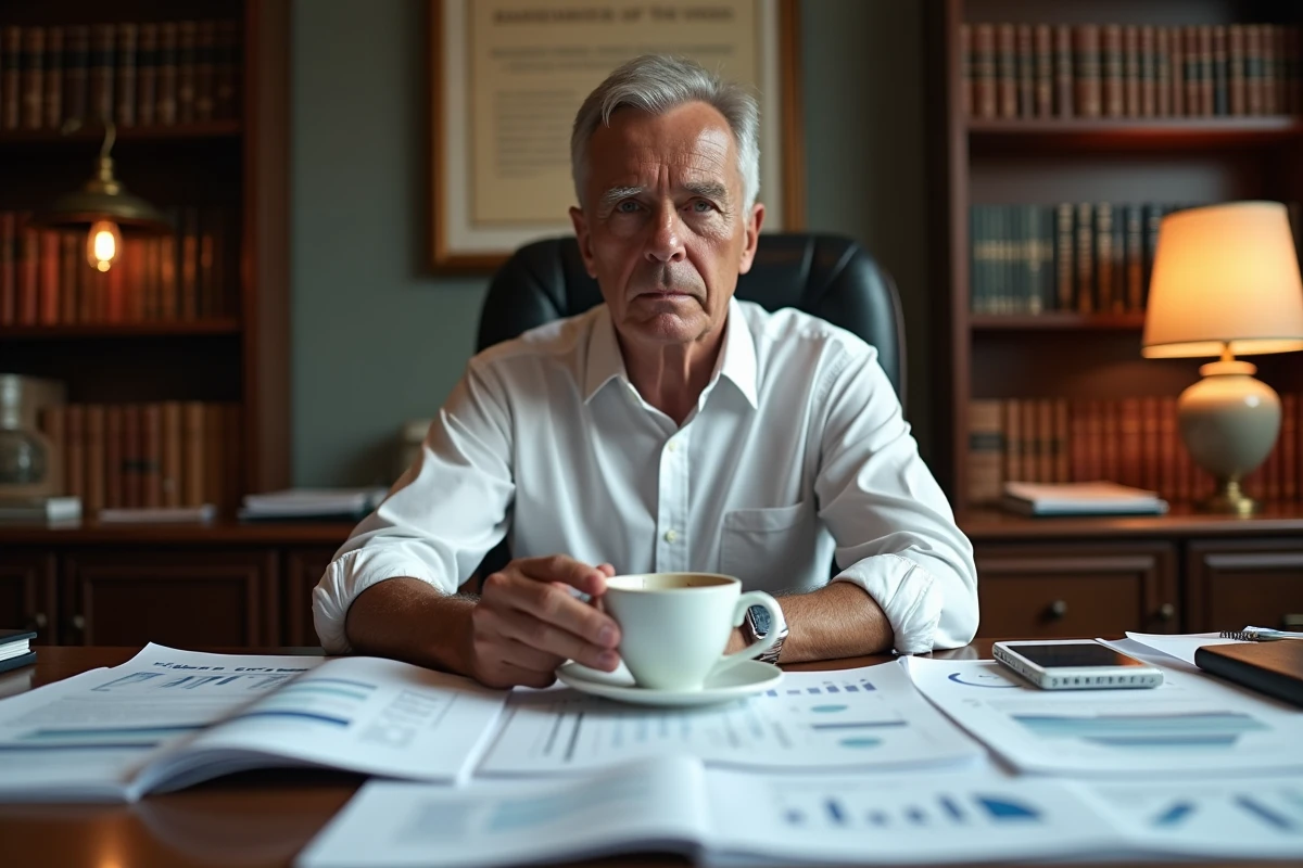 Chef d'entreprise analysant des rapports financiers et des graphiques de croissance dans un bureau privé chaleureux, illustrant la stratégie entrepreneuriale