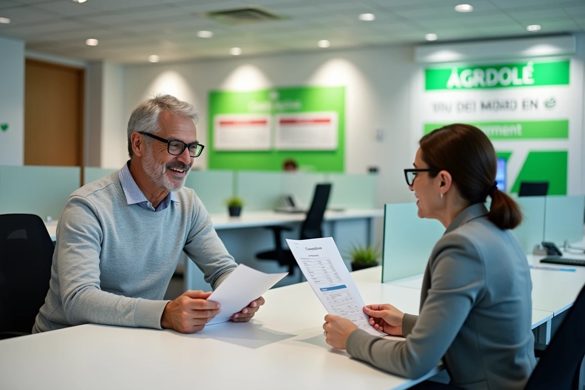 Client de 55 ans en rendez-vous avec un conseiller bancaire Crédit Agricole pour discuter des taux d'un compte à terme