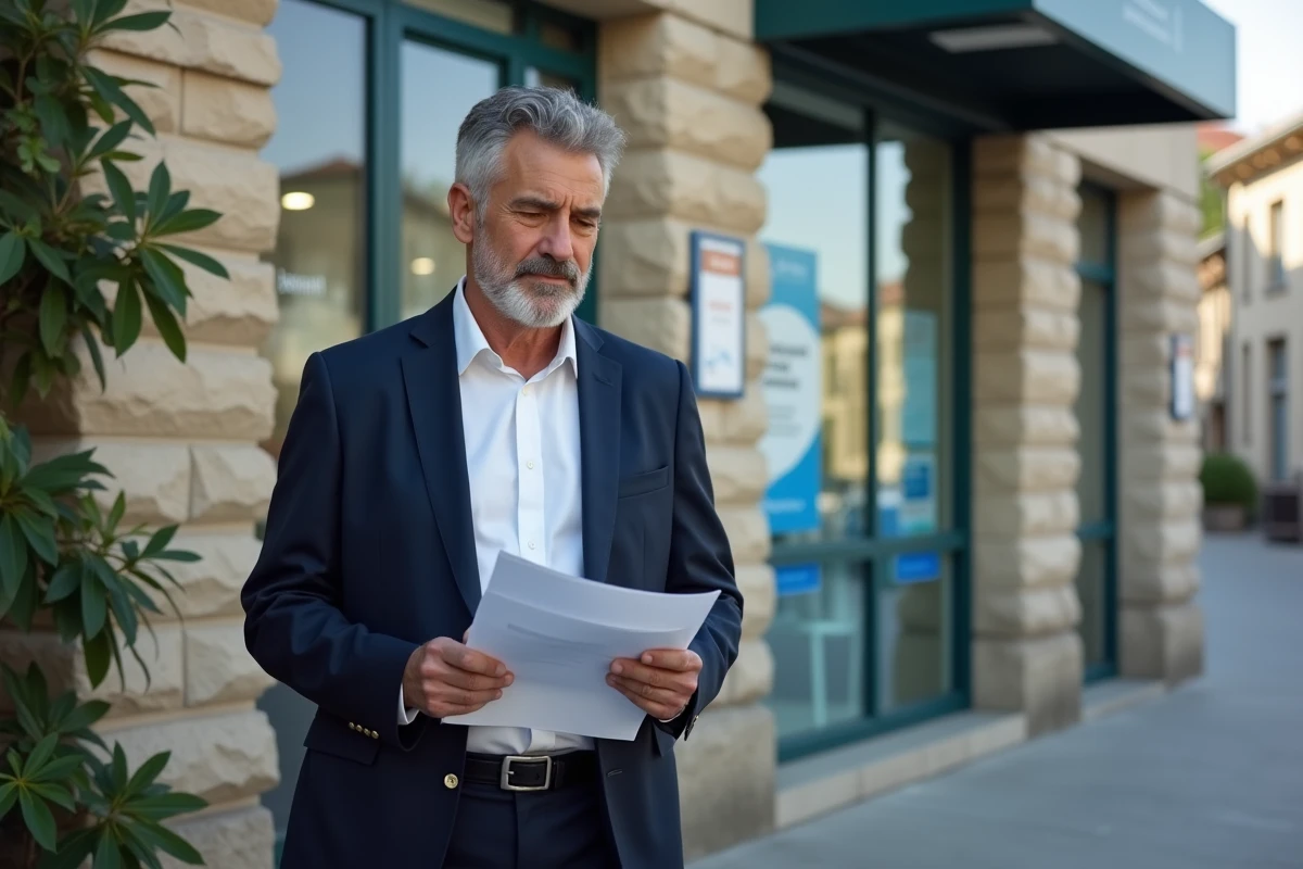 Homme avec dossier devant agence bancaire en Morbihan