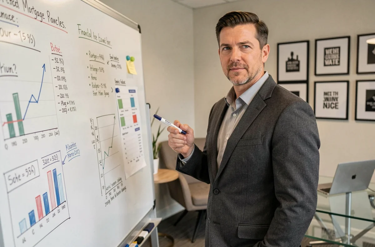 Coach Finance : conseiller financier spécialisé en crédit immobilier devant un tableau de simulation