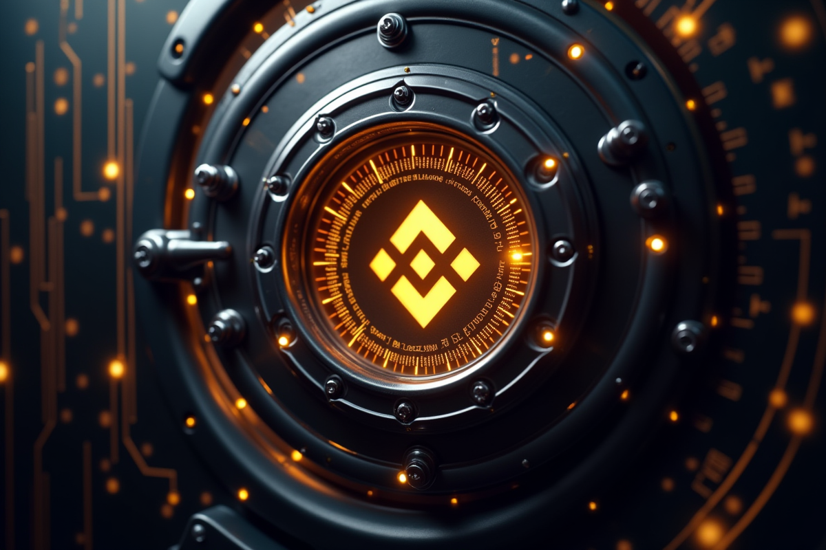 Coffre-fort numérique avec logo Binance et motifs futuristes de sécurité