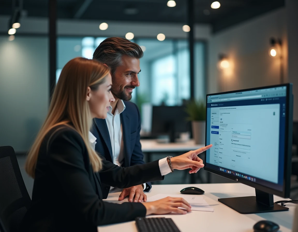 Deux collègues examinant une interface de virement sécurisé Cyberplus dans un bureau professionnel moderne