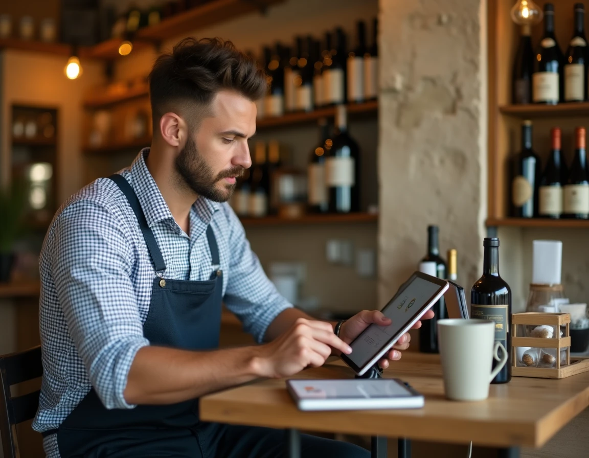 Commerçant épicerie fine consultant son tableau de bord d'encaissement sur tablette dans sa boutique de produits régionaux