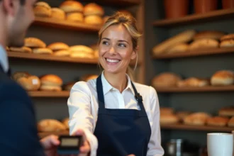 Commerçante boulangère utilisant un terminal de paiement Crédit Agricole Charente Périgord dans sa boutique artisanale