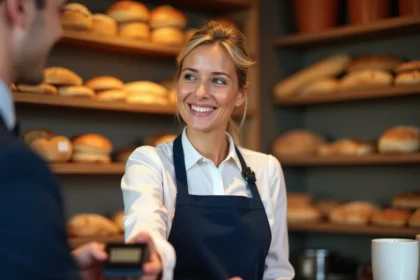 Commerçante boulangère utilisant un terminal de paiement Crédit Agricole Charente Périgord dans sa boutique artisanale