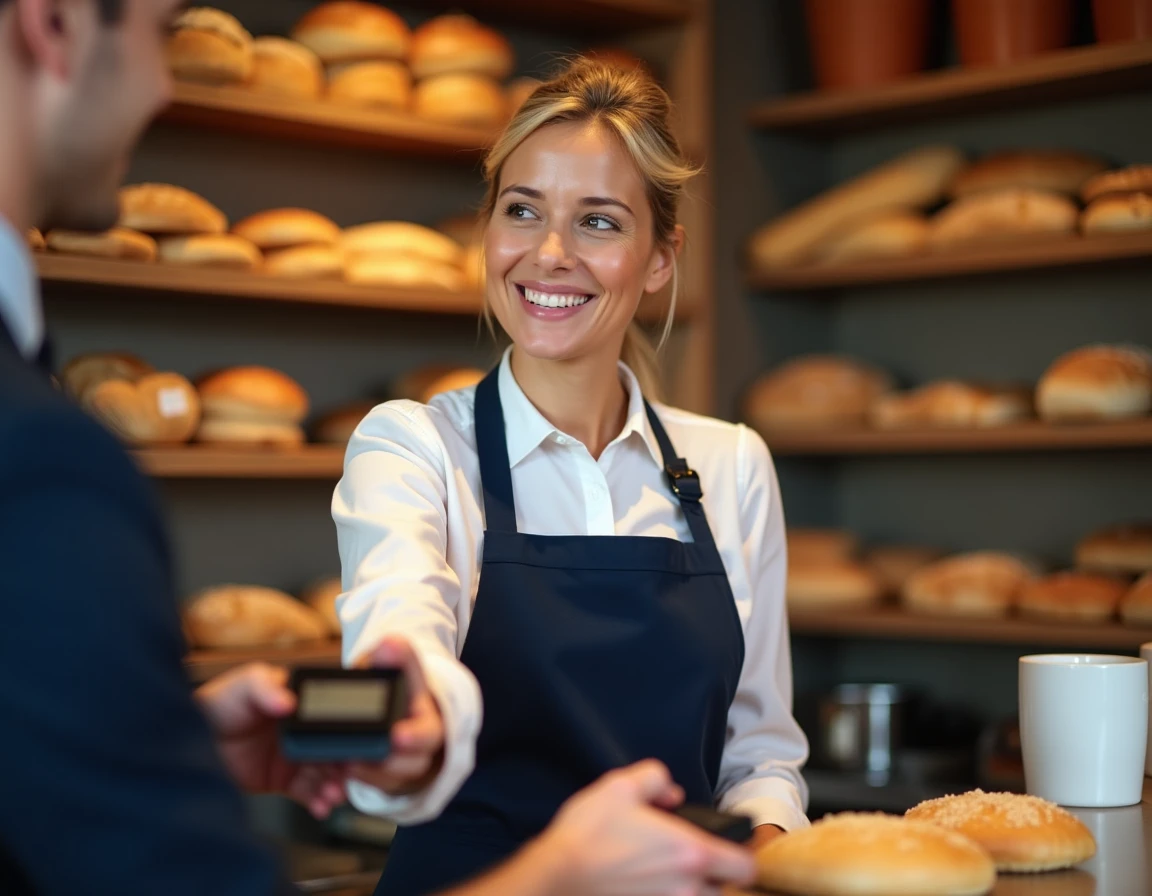 Commerçante boulangère utilisant un terminal de paiement Crédit Agricole Charente Périgord dans sa boutique artisanale