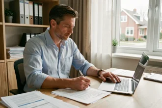 Homme comparant des offres de délégation d'assurance emprunteur sur ordinateur portable avec des documents imprimés sur un bureau en bois