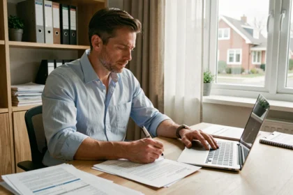 Homme comparant des offres de délégation d'assurance emprunteur sur ordinateur portable avec des documents imprimés sur un bureau en bois