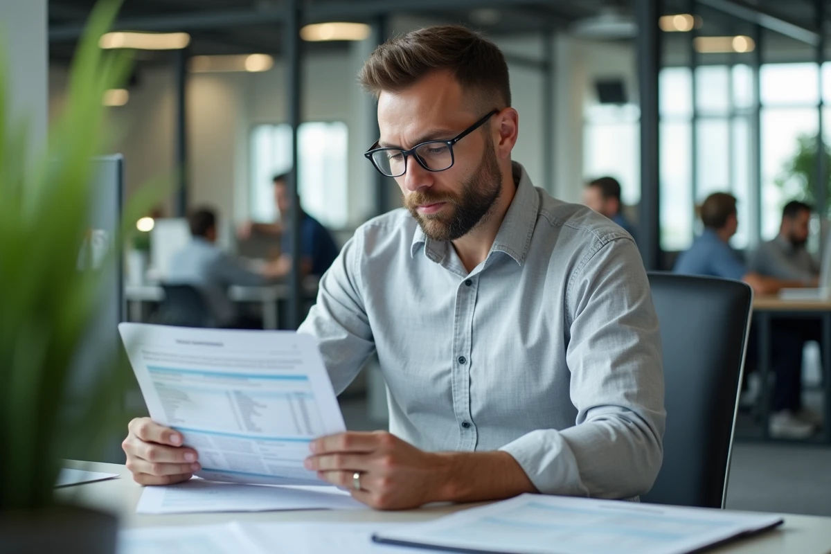 Homme en open space comparant ses avis d'imposition et formulaires fiscaux pour anticiper les changements du prélèvement à la source 2026