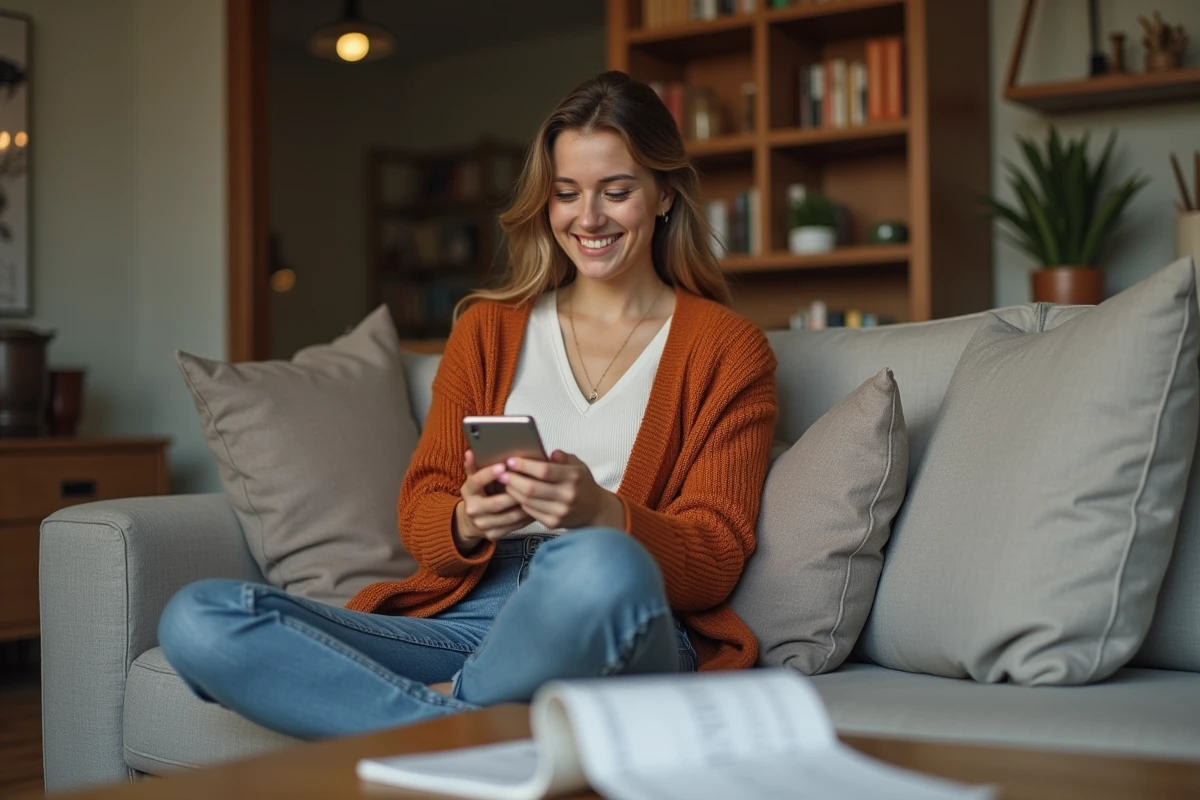 Jeune femme comparant liste en ligne et PDF imprimé des magasins acceptant l'UpCadhoc depuis son canapé