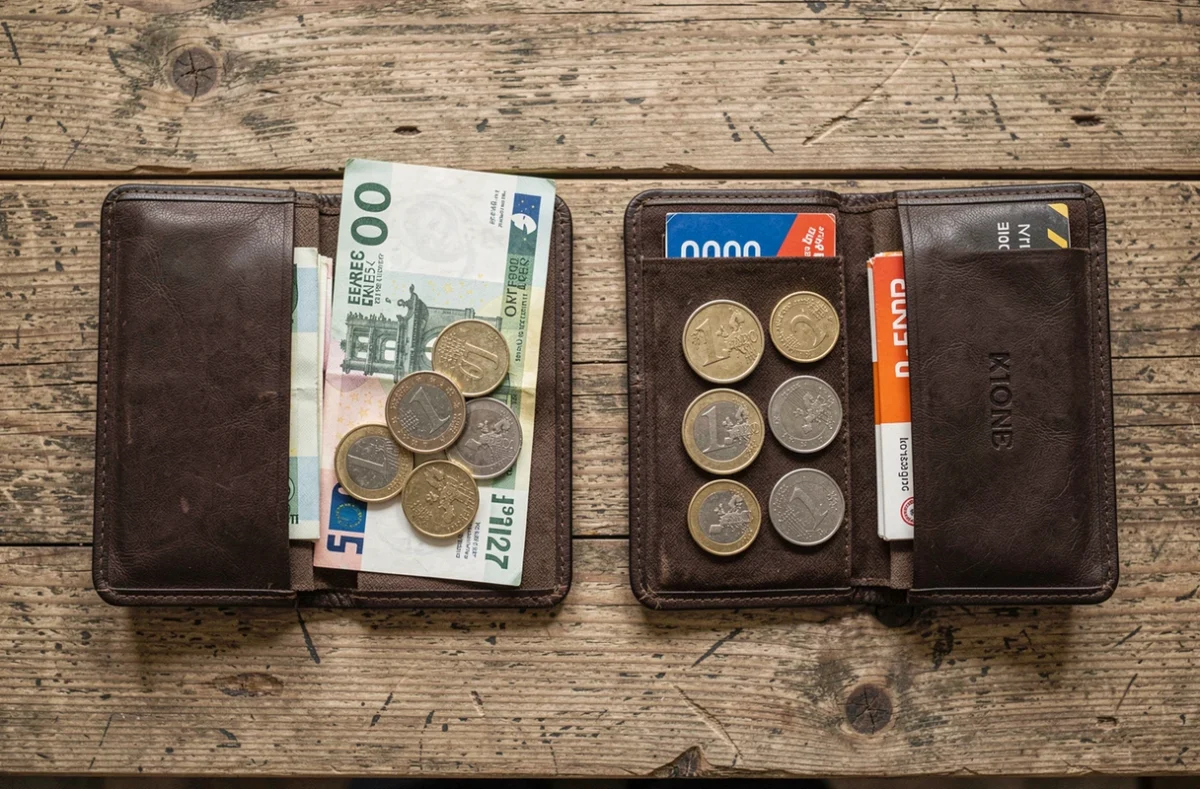 Comparaison de prix entre cigarettes françaises et allemandes avec portefeuilles et euros posés sur une table en bois