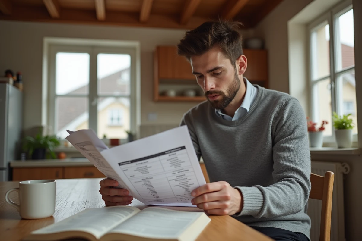 Jeune homme étudiant un tableau comparatif de salaires nets entre la Suisse et ses pays voisins depuis son appartement