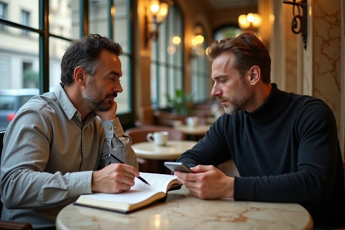 Deux hommes comparant les salaires net et brut entre la Suisse et la France autour d'un café à Genève