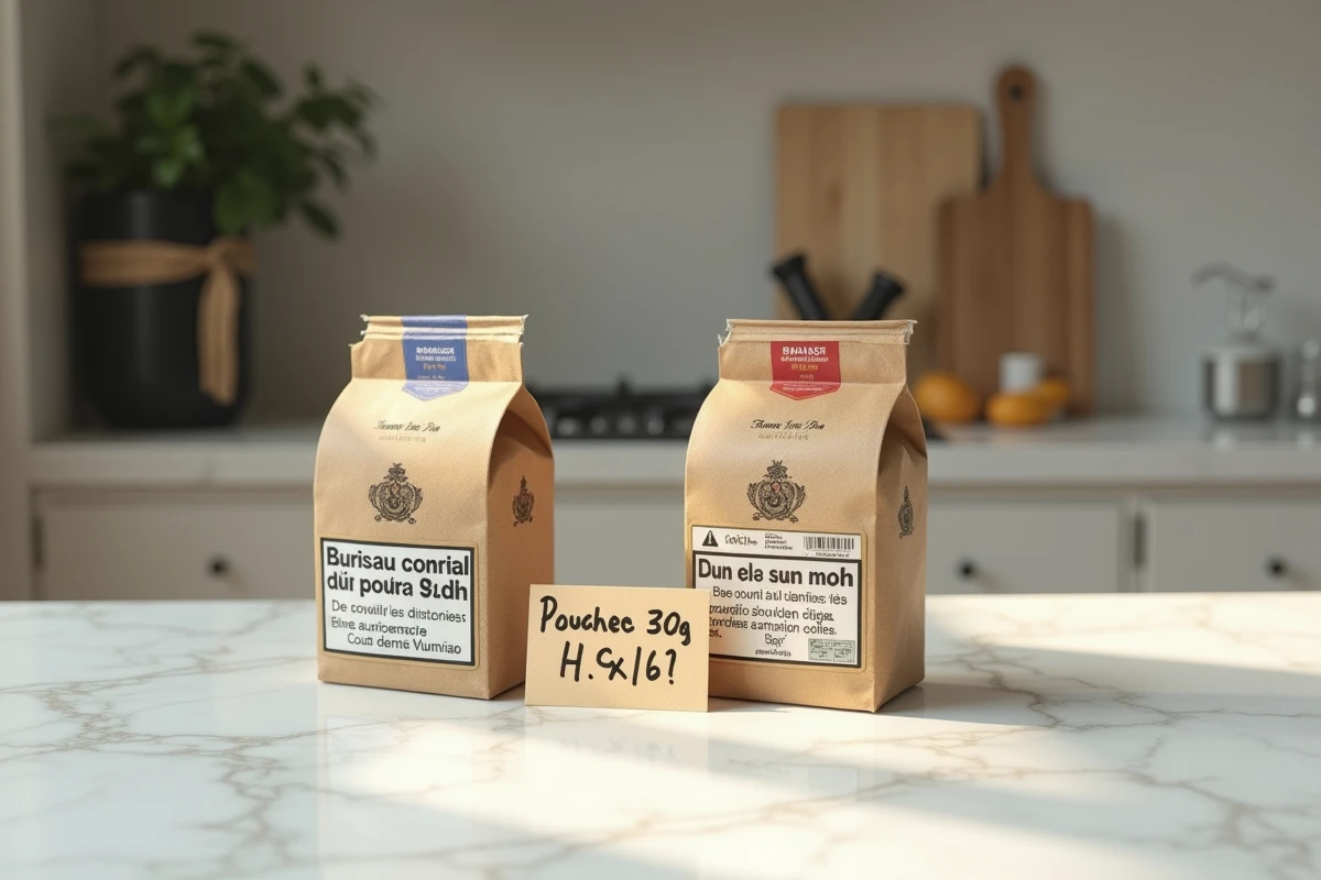 Comparaison de deux paquets de tabac à rouler 30g France et Espagne avec étiquettes de prix différentes