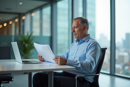 Homme comptable en bureau moderne avec rapports