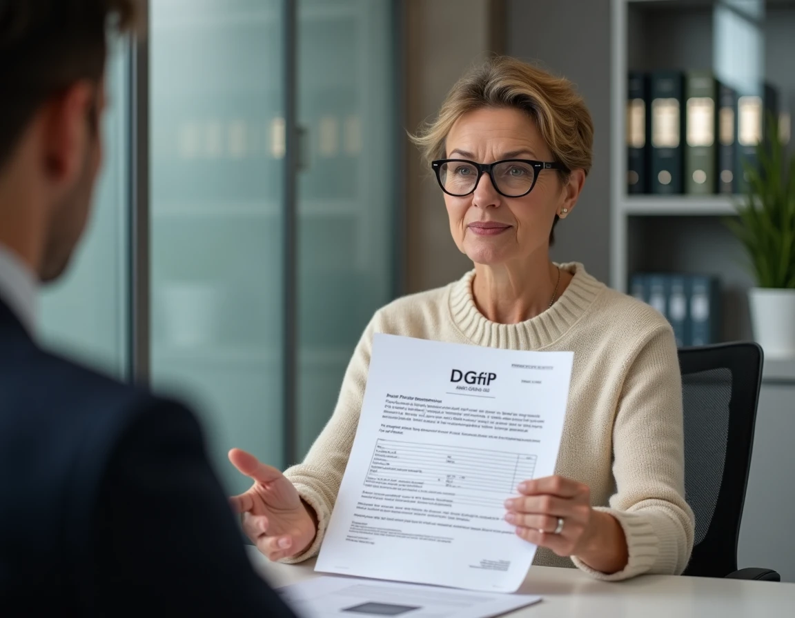 Comptable française expliquant les risques d'une déclaration 3916 BIS en retard avec un avis fiscal de la DGFiP