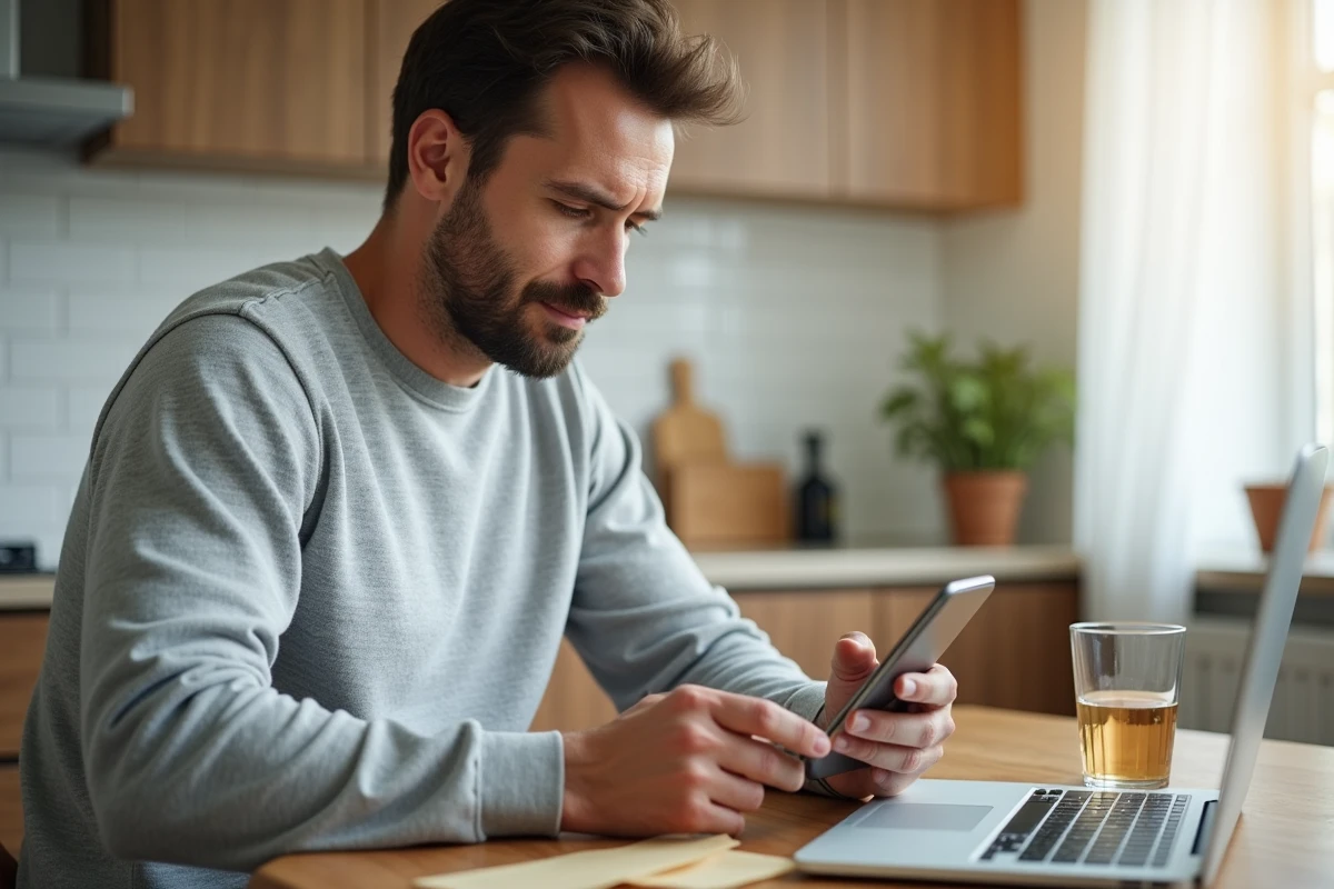 Homme consultant son compte CIC Épargne salariale depuis une application mobile à domicile