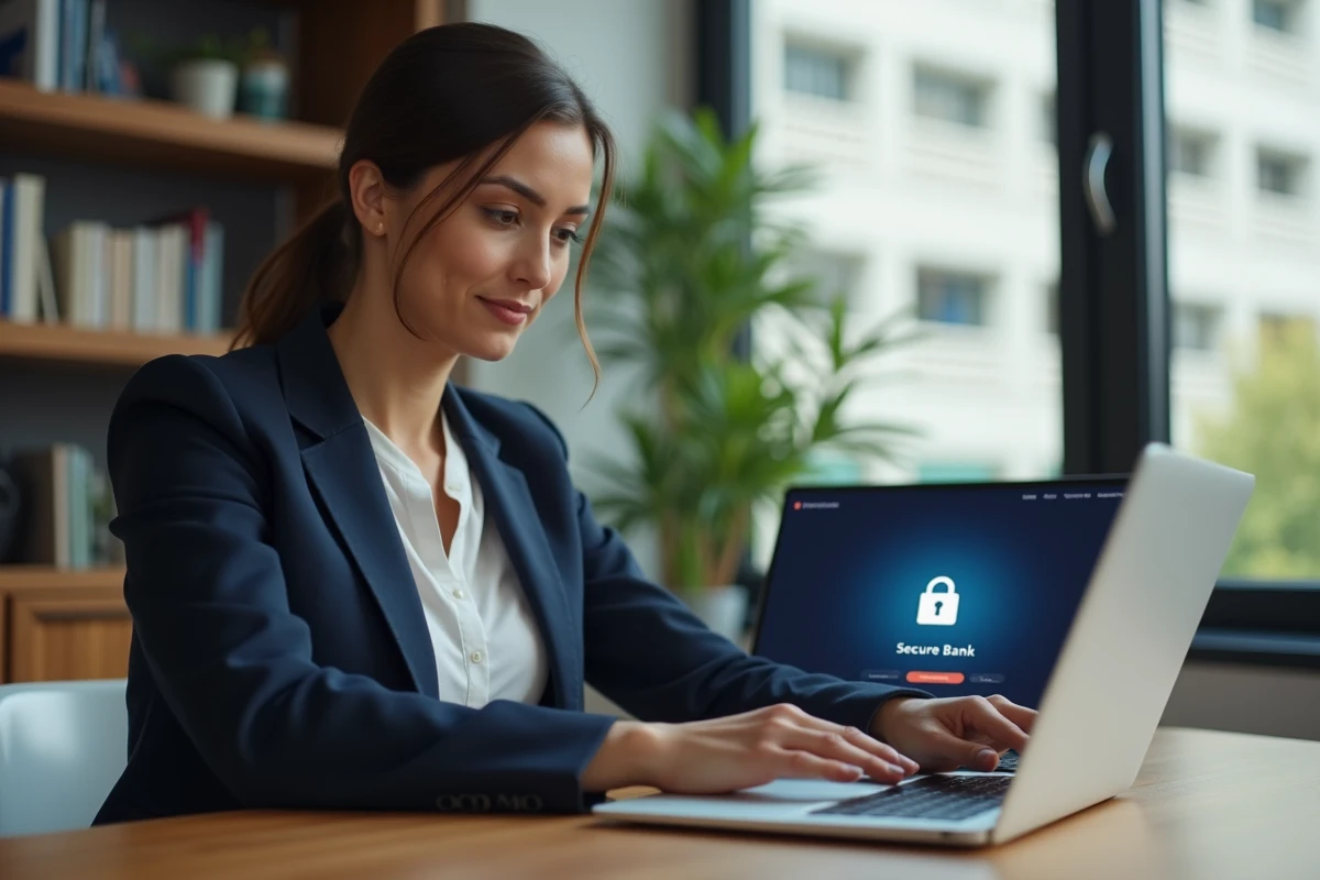 Femme professionnelle se connectant à l'espace Cyberplus Banque Populaire Sud Ouest sur un ordinateur portable dans un bureau moderne